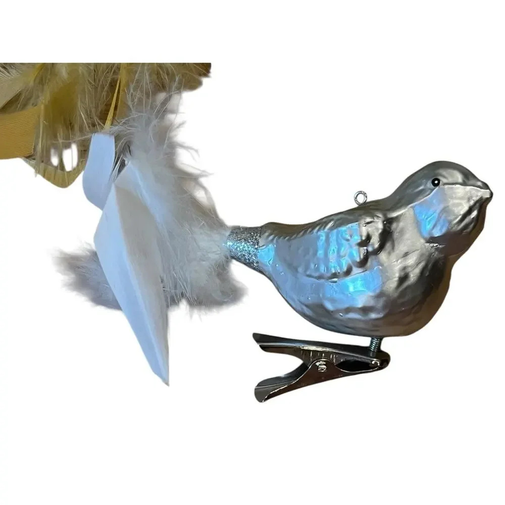 Lot Of 2 Glass Clip On Birds Christmas Ornaments Feather Tails Silver Gold